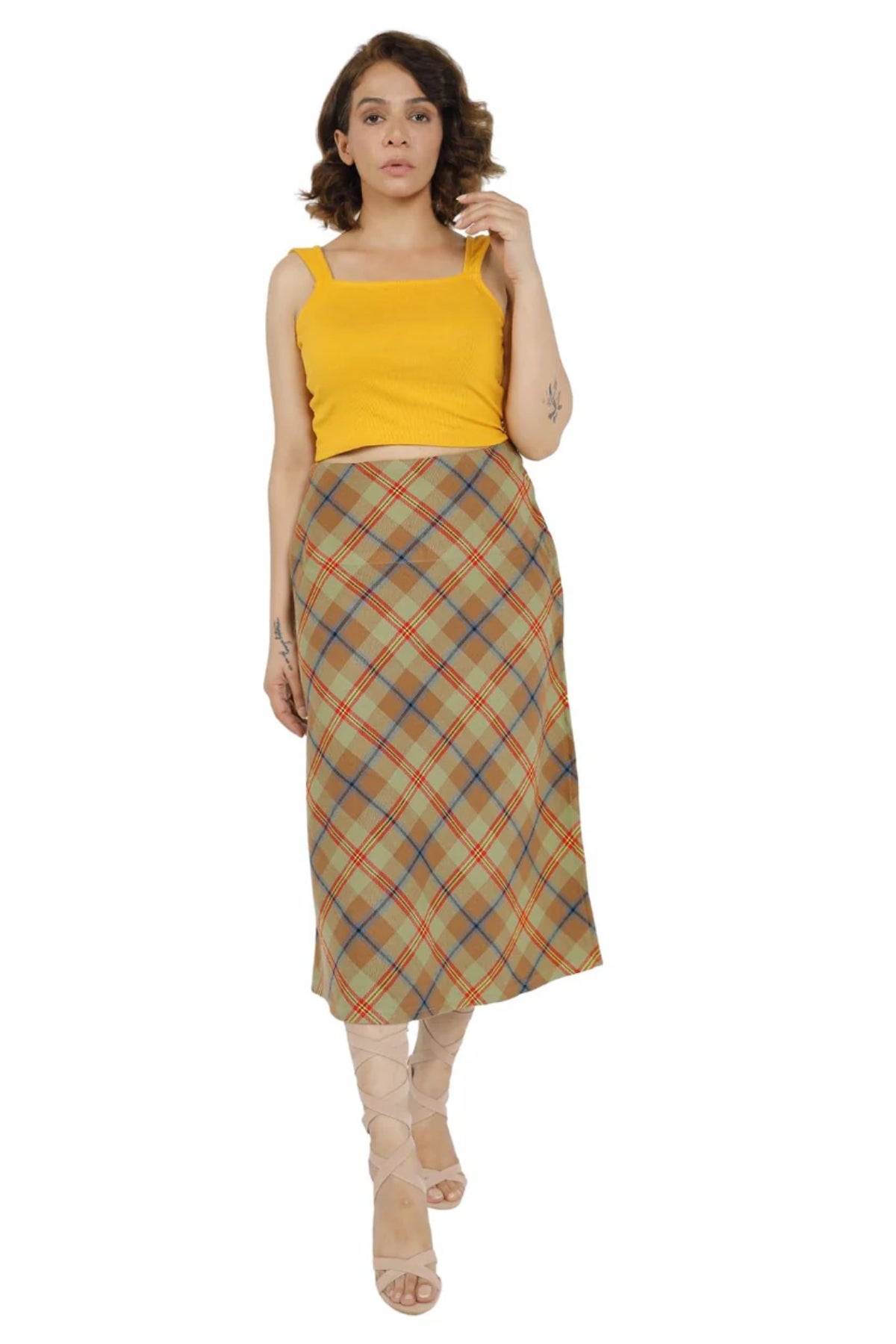 Beige Plaid Midi Skirt