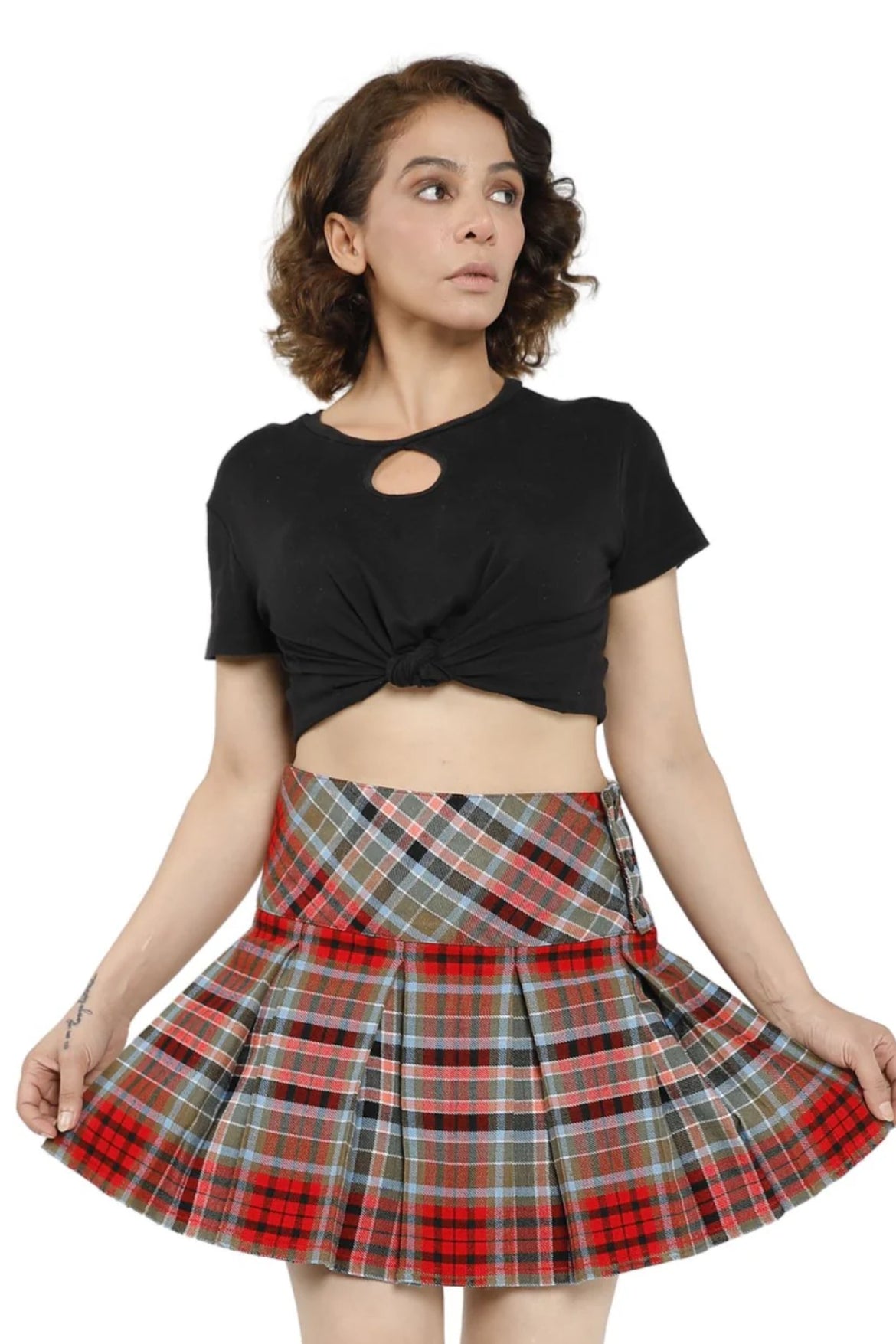 High-Waisted Box Pleat Mini Skirt with Side Button Closure – Skirt