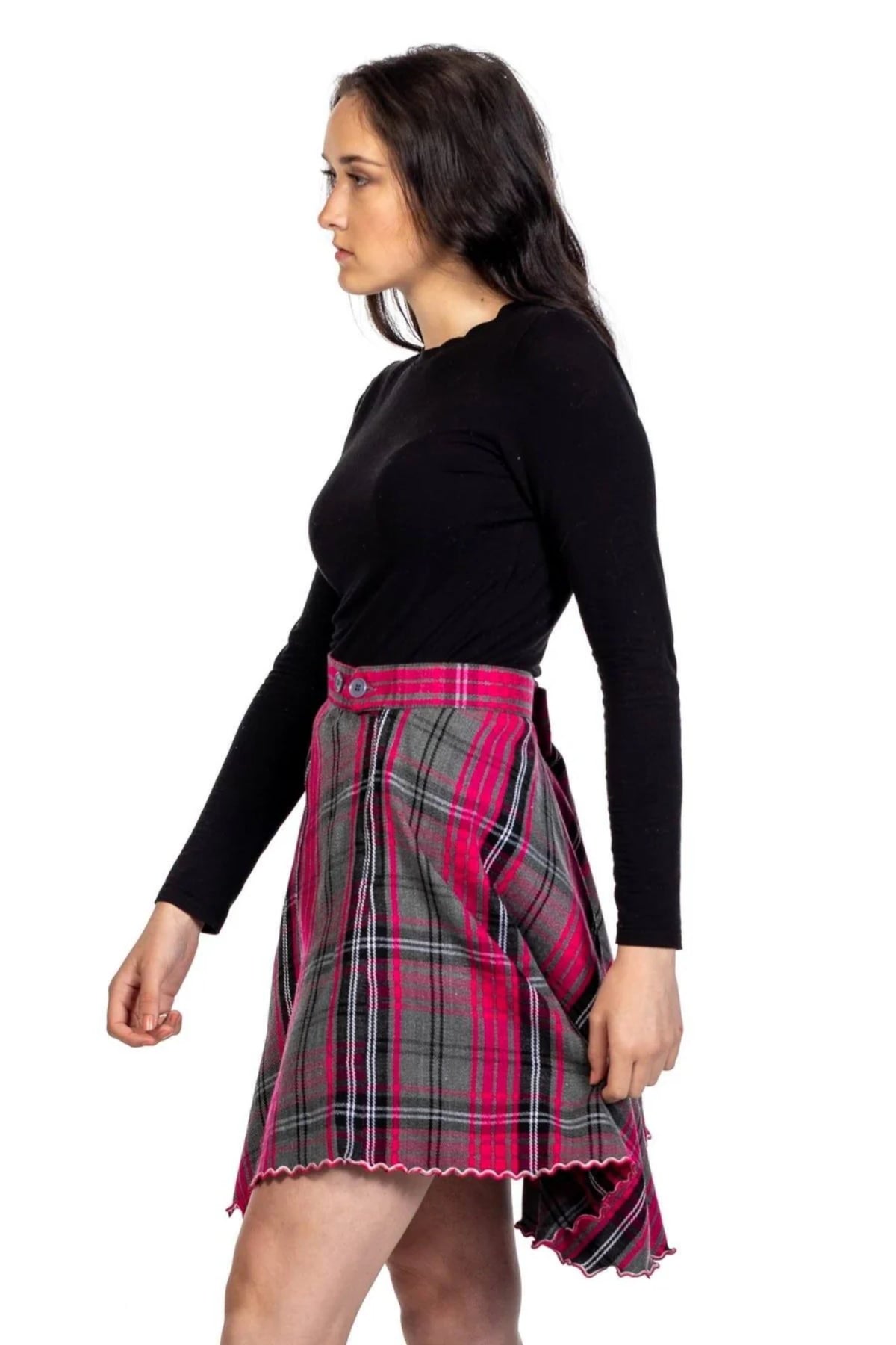 Flared Tartan Button Midi Plaid Skirt