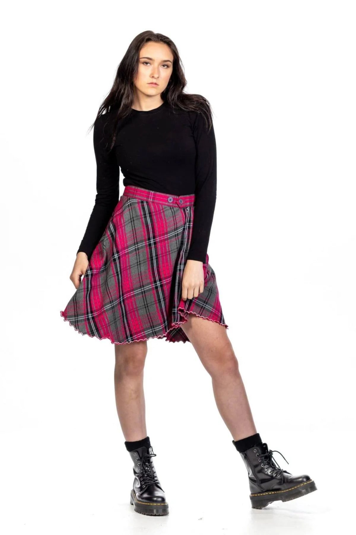 Tartan Button Midi Plaid Skirt