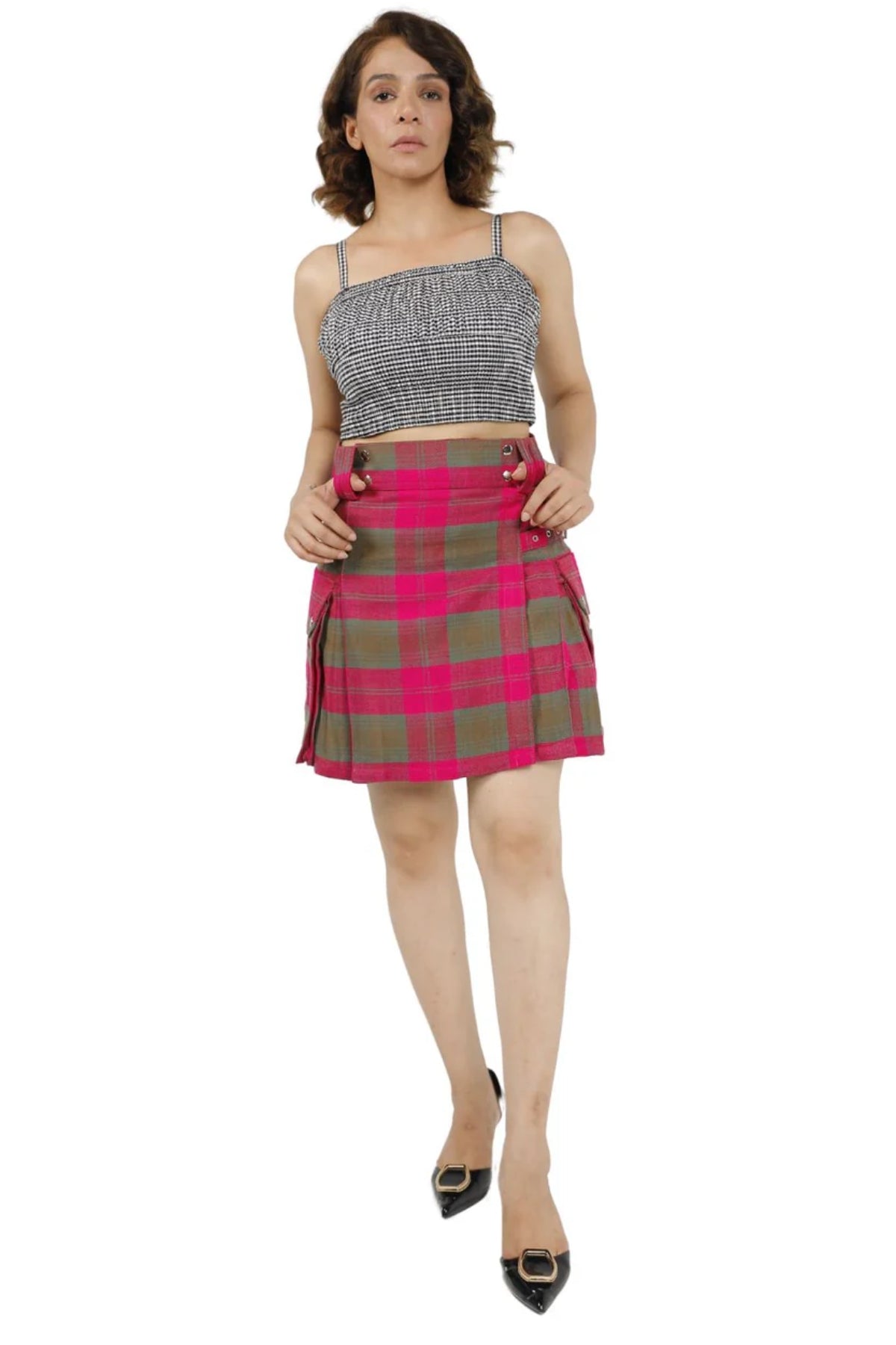 plaid Pleated Utility Mini Skirt